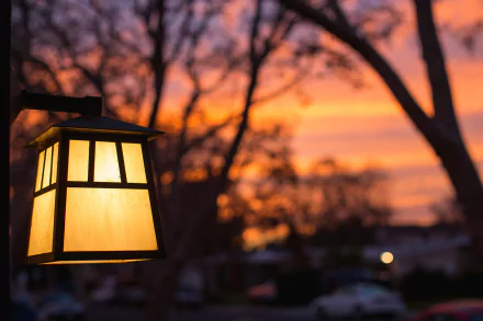 Orange evening HD desktop wallpaper: a man-made lantern lamp glowing in the foreground with silhouetted trees and a vivid sunset background.