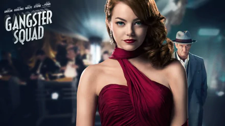 HD desktop wallpaper featuring Emma Stone from the movie Gangster Squad, wearing a red dress, with the movie title in the background.