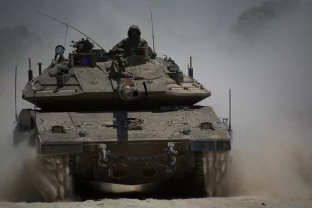 4K Ultra HD image of a Merkava tank advancing through dust, showcasing its robust military design and firepower from a frontal view.