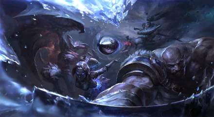 HD wallpaper featuring League of Legends champions Braum, Yasuo, Caitlyn, Shyvana, and Orianna in an intense battle scene, set against a dark, stormy backdrop.