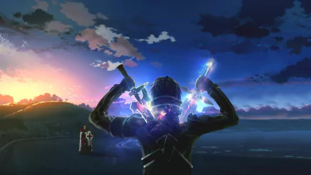 HD desktop wallpaper featuring Heathcliff and Kirito from Sword Art Online. The vibrant image showcases Kirito wielding dual swords against a dramatic sunset sky.