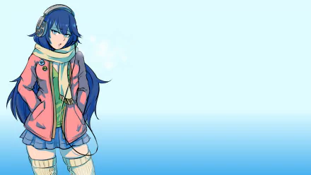 Lucina from Fire Emblem Awakening stands with a thoughtful expression, wearing headphones and a stylish winter outfit, all set against a soft blue background in this HD desktop wallpaper.