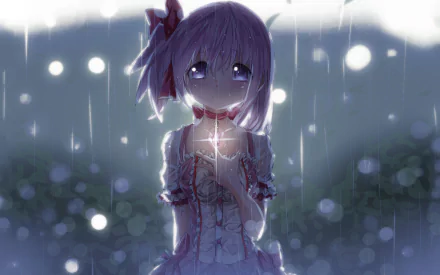 A vivid HD wallpaper featuring Madoka Kaname from the anime Puella Magi Madoka Magica, depicting her in a rainy setting, holding a light with an emotional expression.