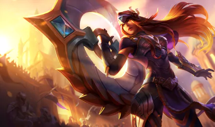 Sivir from League of Legends stands poised with her signature blade against a vibrant sunset backdrop. This HD wallpaper captures the game's dynamic essence.