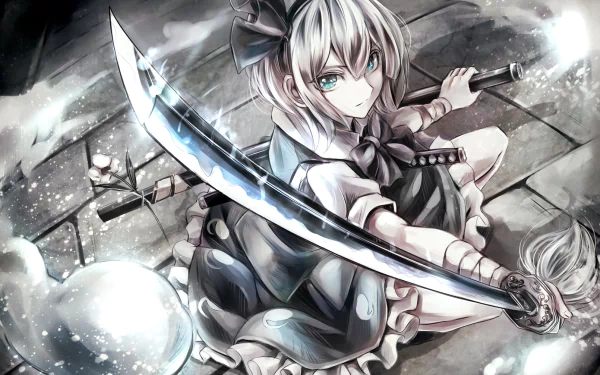 HD PC desktop wallpaper featuring Youmu Konpaku from Touhou, wielding her sword with a determined expression in a dynamic anime-style scene.