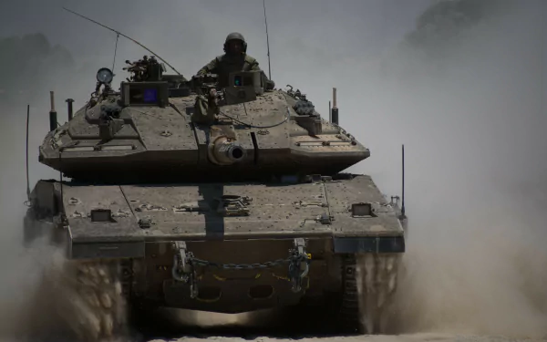 4K Ultra HD image of a Merkava tank advancing through dust, showcasing its robust military design and firepower from a frontal view.