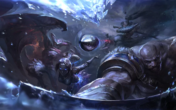 HD wallpaper featuring League of Legends champions Braum, Yasuo, Caitlyn, Shyvana, and Orianna in an intense battle scene, set against a dark, stormy backdrop.