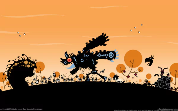 HD PC desktop wallpaper featuring silhouetted characters and creatures from the video game Patapon against an orange sunset background.