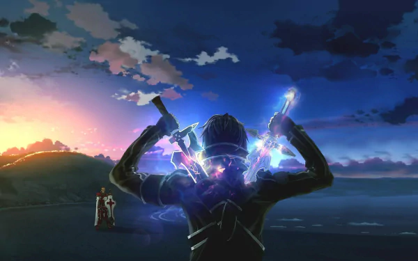 HD desktop wallpaper featuring Heathcliff and Kirito from Sword Art Online. The vibrant image showcases Kirito wielding dual swords against a dramatic sunset sky.
