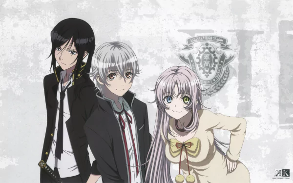 Anime-style illustration of three characters from K Project standing against a textured background with a crest, rendered in 4K Ultra HD for PC desktop wallpaper use.