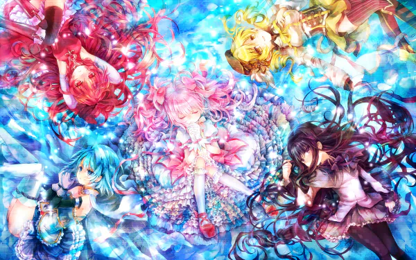 An HD wallpaper featuring characters Sayaka Miki, Madoka Kaname, Homura Akemi, Kyōko Sakura, and Mami Tomoe from the anime Puella Magi Madoka Magica, set against a vibrant blue background.