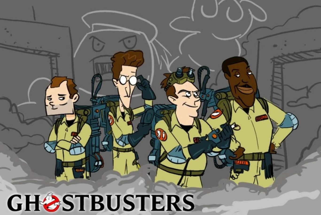 HD PC desktop wallpaper of the movie Ghostbusters: animated team in yellow jumpsuits with proton packs standing amid a smoky cityscape, Ghostbusters logo at the bottom.