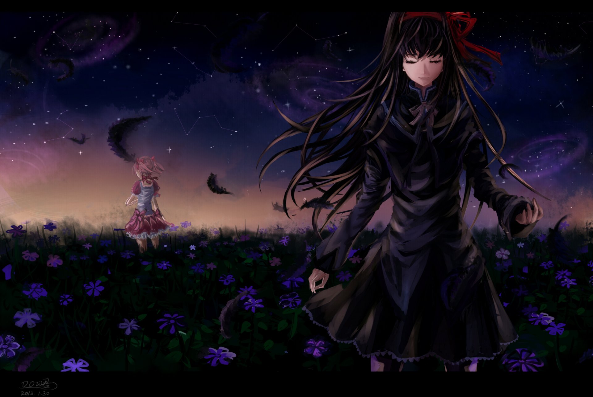 A stunning HD wallpaper featuring Madoka Kaname and Homura Akemi against a twilight backdrop filled with flowers and swirling galaxies from the anime Puella Magi Madoka Magica.