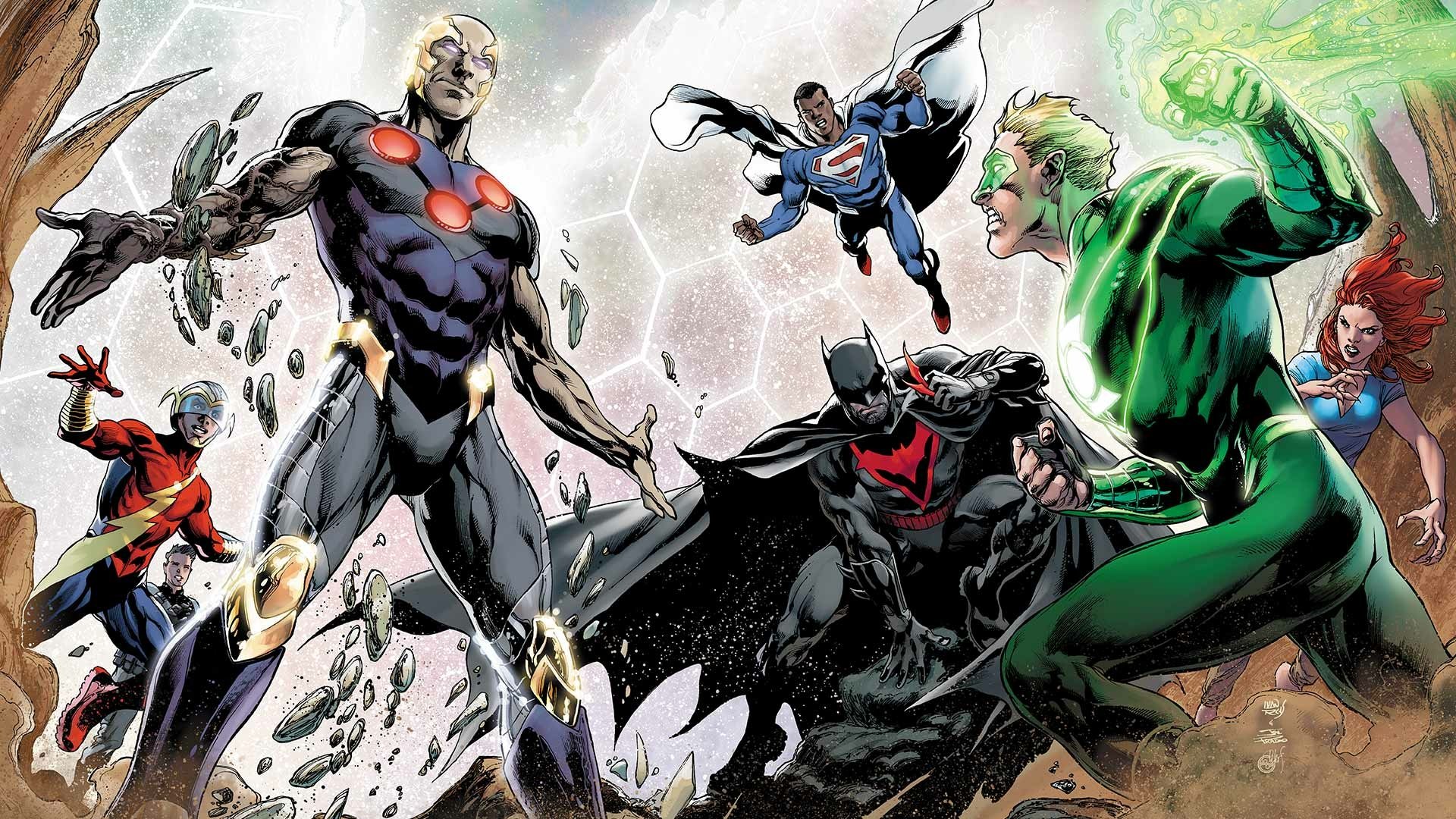 HD comic Convergence wallpaper: Flash, Superman, Green Lantern and Batman clash in a dynamic, action-packed battle scene with debris and energy effects — PC desktop background.