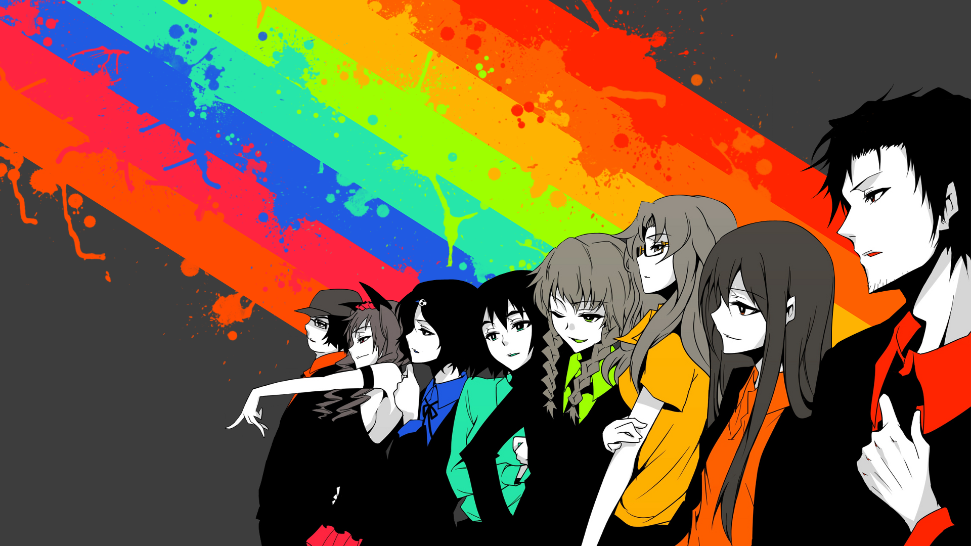HD PC desktop wallpaper featuring vibrant, stylized Anime characters from Steins;Gate standing in a row with a colorful, abstract rainbow background.