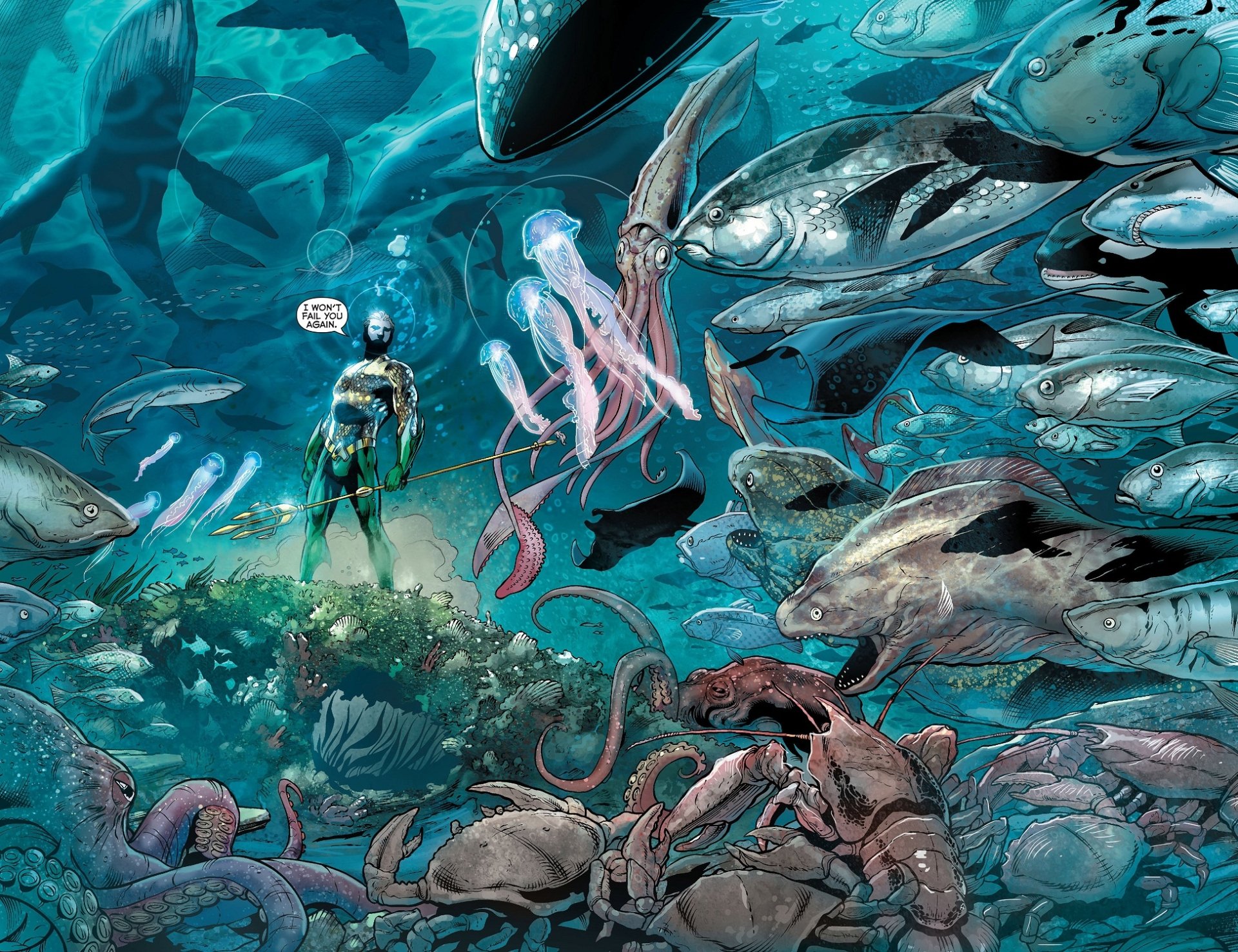 Comic-style Aquaman stands on a reef surrounded by swirling fish, whales, octopus and jellyfish in a vibrant underwater scene — HD PC desktop wallpaper background.