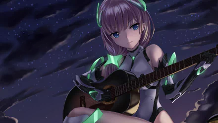 HD PC desktop wallpaper featuring an anime character from Expelled from Paradise, playing a guitar under a starry night sky.