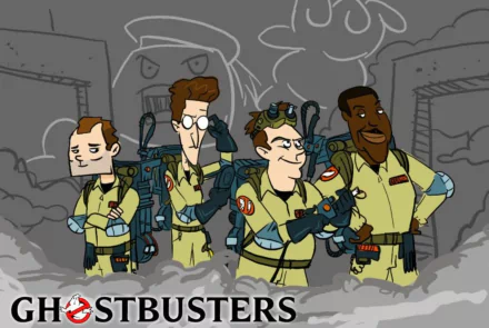 HD PC desktop wallpaper of the movie Ghostbusters: animated team in yellow jumpsuits with proton packs standing amid a smoky cityscape, Ghostbusters logo at the bottom.