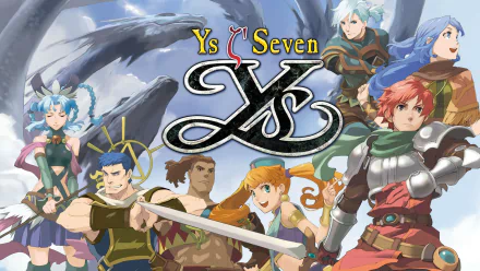 HD PC desktop wallpaper featuring characters from the video game Ys Seven with the game's logo prominently displayed in the center.