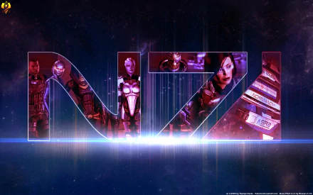 4K Ultra HD PC desktop wallpaper featuring the N7 logo from Mass Effect, showcasing key characters from the video game against a cosmic background.