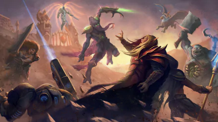 Heroes of the Storm video game scene: champions clash on a war-torn battlefield beneath a stormy sky — 4K Ultra HD PC desktop wallpaper and background.