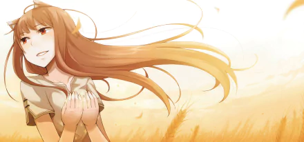 Holo from Spice & Wolf anime with flowing hair and warm tones in an 8K Ultra HD desktop wallpaper background.