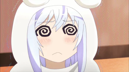 A high-definition wallpaper featuring Isla from the anime Plastic Memories, looking confused with spiraling eyes and blush, wearing a cute white hoodie.