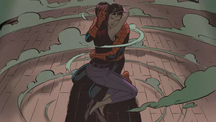 Spider-Man, portrayed as Peter Parker, embraces Mary Jane Watson in a dynamic comic-style scene, surrounded by swirling effects, creating a vibrant HD wallpaper.
