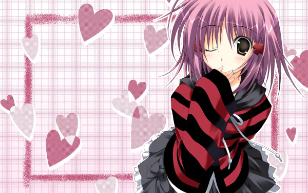 A vibrant HD desktop wallpaper featuring a character from Shugo Chara!, adorned with pink hair and a playful expression, surrounded by a pattern of hearts and a checkered background.