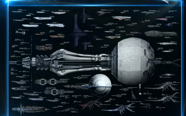 8K Ultra HD Mass Effect video game wallpaper featuring detailed schematics of iconic spaceships from the series against a dark background.