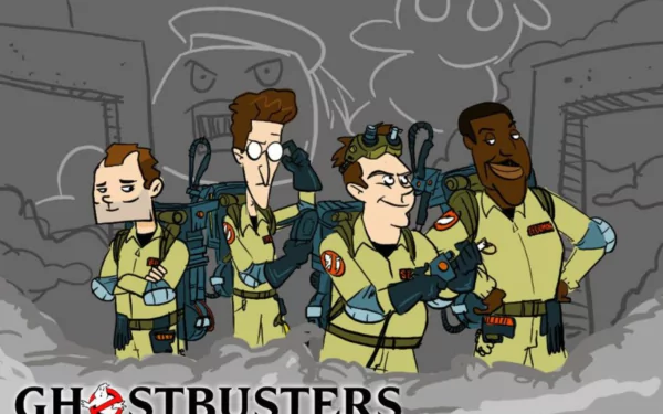 HD PC desktop wallpaper of the movie Ghostbusters: animated team in yellow jumpsuits with proton packs standing amid a smoky cityscape, Ghostbusters logo at the bottom.