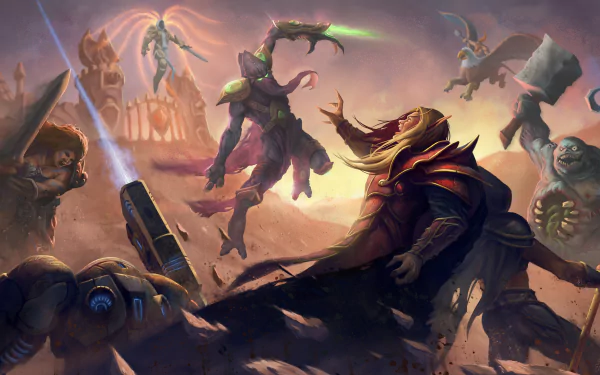 Heroes of the Storm video game scene: champions clash on a war-torn battlefield beneath a stormy sky — 4K Ultra HD PC desktop wallpaper and background.