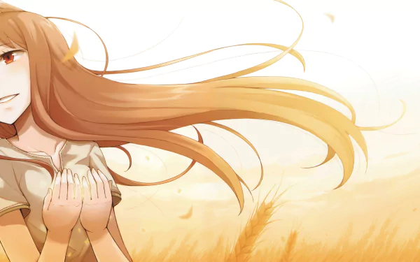 Holo from Spice & Wolf anime with flowing hair and warm tones in an 8K Ultra HD desktop wallpaper background.