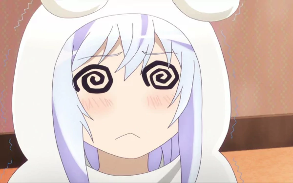 A high-definition wallpaper featuring Isla from the anime Plastic Memories, looking confused with spiraling eyes and blush, wearing a cute white hoodie.