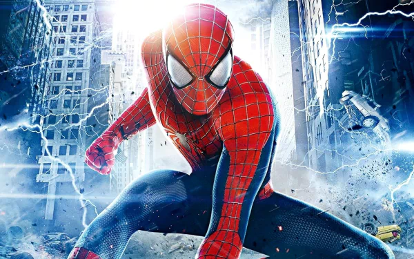 HD wallpaper of The Amazing Spider-Man 2 featuring Spider-Man in action amidst a backdrop of destroyed buildings and electrical surges.