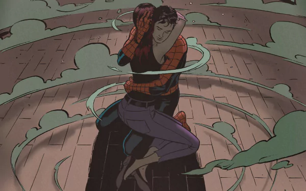Spider-Man, portrayed as Peter Parker, embraces Mary Jane Watson in a dynamic comic-style scene, surrounded by swirling effects, creating a vibrant HD wallpaper.