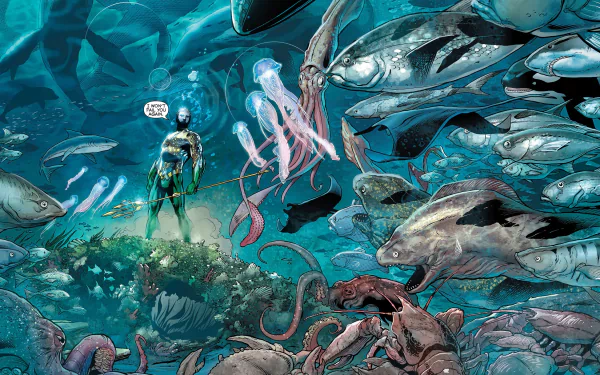 Comic-style Aquaman stands on a reef surrounded by swirling fish, whales, octopus and jellyfish in a vibrant underwater scene — HD PC desktop wallpaper background.