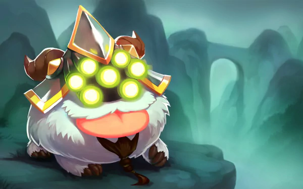 HD League of Legends desktop wallpaper featuring a cute Poro wearing Master Yi's iconic multi-bladed helmet in a misty, mystical landscape.