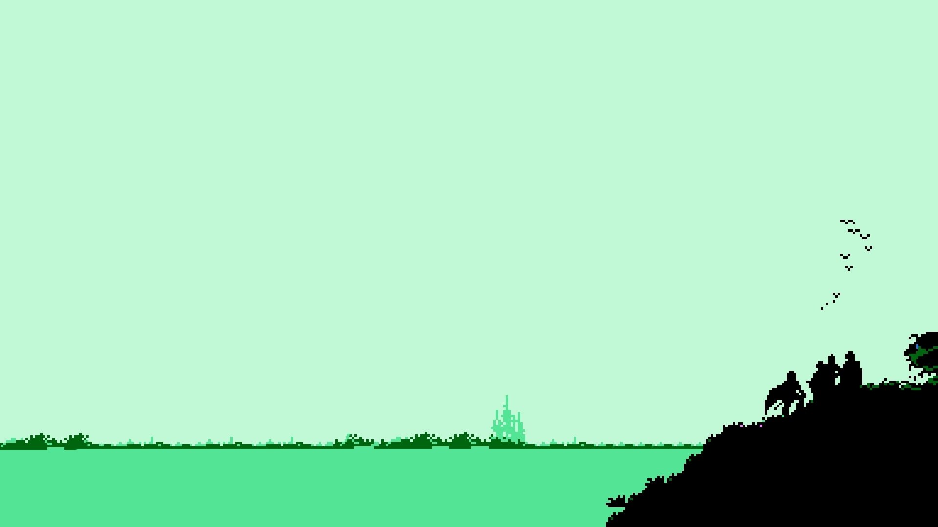 HD PC desktop wallpaper featuring a serene Final Fantasy landscape with silhouetted characters overlooking a distant castle under a pale green sky.