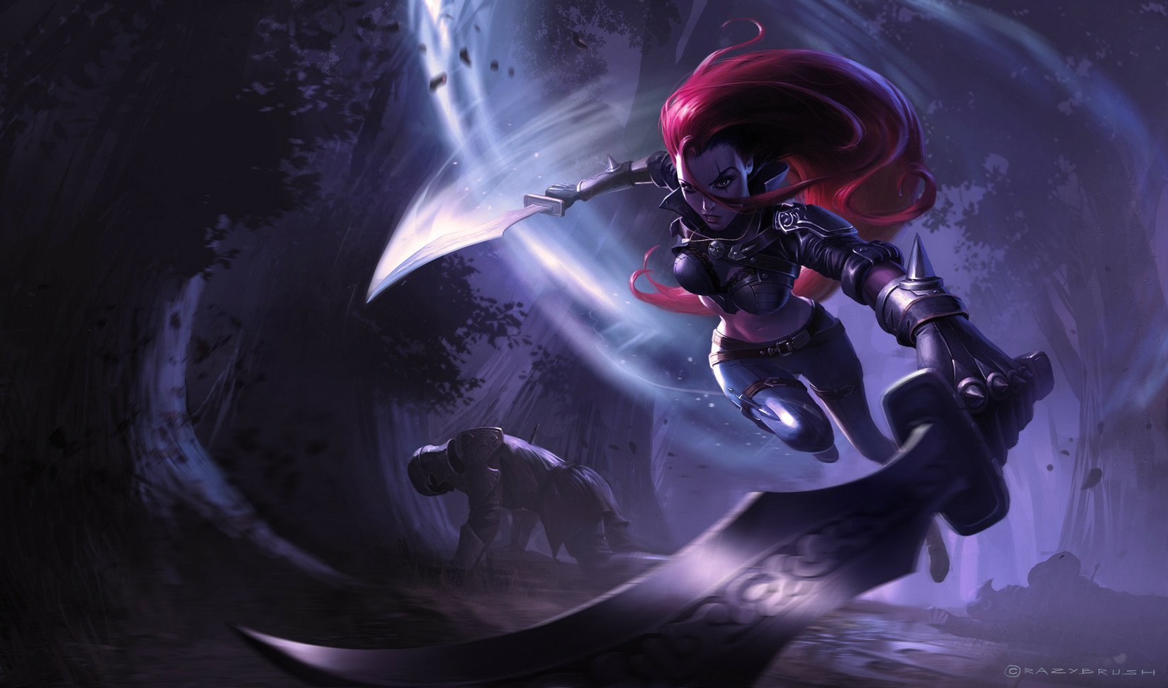 HD PC desktop wallpaper featuring Katarina from the video game League of Legends, depicted in dynamic action with her iconic blades in a dark, swirling environment.
