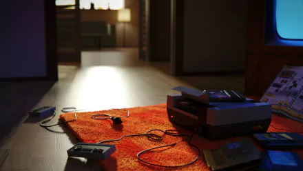 HD PC desktop wallpaper showing a Nintendo Entertainment System console and controllers on an orange rug in a dimly lit room, capturing classic video game nostalgia.