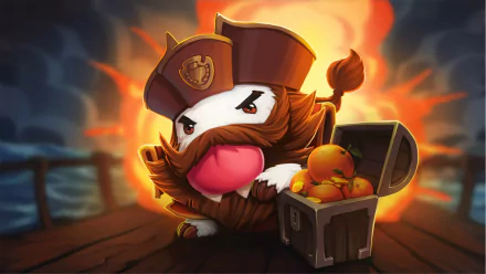 HD PC desktop wallpaper featuring Poro dressed as Gangplank from League of Legends, with a treasure chest of oranges and a fiery background from the video game.