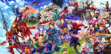 HD desktop wallpaper featuring vibrant and dynamic characters from the video game League Of Legends in a colorful and lively scene.