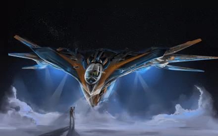 HD PC desktop wallpaper featuring a sci-fi spaceship from a Guardians of the Galaxy movie, hovering above clouds with a lone figure beneath it.