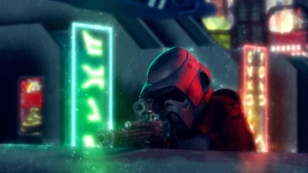 A scout trooper sniper takes aim in a vibrant sci-fi setting, illuminated by neon signs, creating an exciting Star Wars atmosphere in this high-definition desktop wallpaper.
