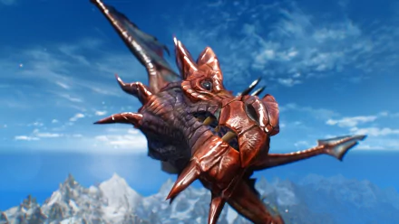 A majestic dragon from The Elder Scrolls V: Skyrim soars above snowy mountains, captured in stunning 4K Ultra HD, showcasing the game's rich graphics and immersive world.