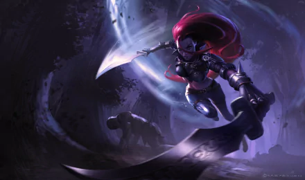 HD PC desktop wallpaper featuring Katarina from the video game League of Legends, depicted in dynamic action with her iconic blades in a dark, swirling environment.