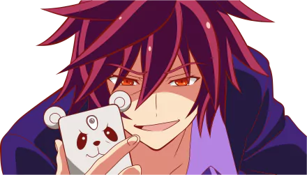 High-definition desktop wallpaper featuring Sora from No Game No Life, showcasing his playful expression while holding a cute phone case with a panda design.