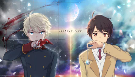 Anime wallpaper featuring Slaine Troyard and Inaho Kaizuka from Aldnoah.Zero, showcasing intense expressions against a cosmic backdrop.