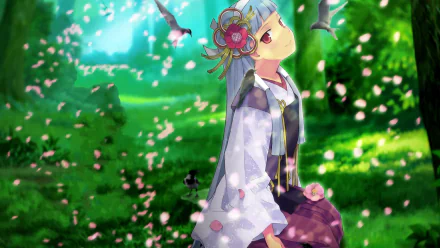 Nagi from Kannagi: Crazy Shrine Maidens — anime HD PC desktop wallpaper showing a blue‑haired shrine maiden gazing upward as cherry blossoms drift through a sunlit green forest.
